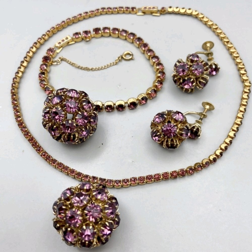 EVC WEISS PURPLE & GOLD TONE CRYSTAL DISCO BALL JEWELRY SET